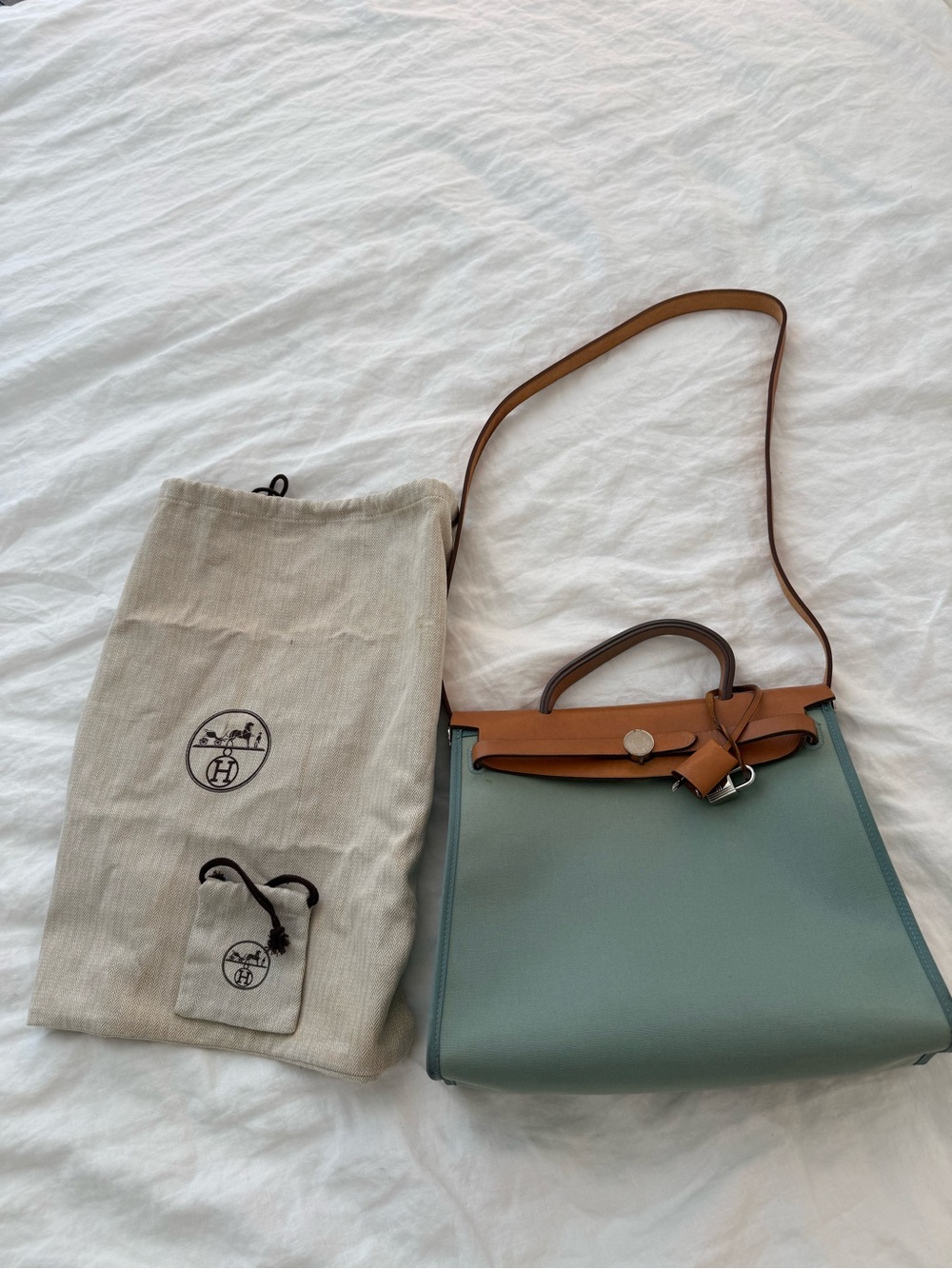 HERMES Herbag Zip 31 Hand Bag Canvas Leather 2way Green Palladium Authentic